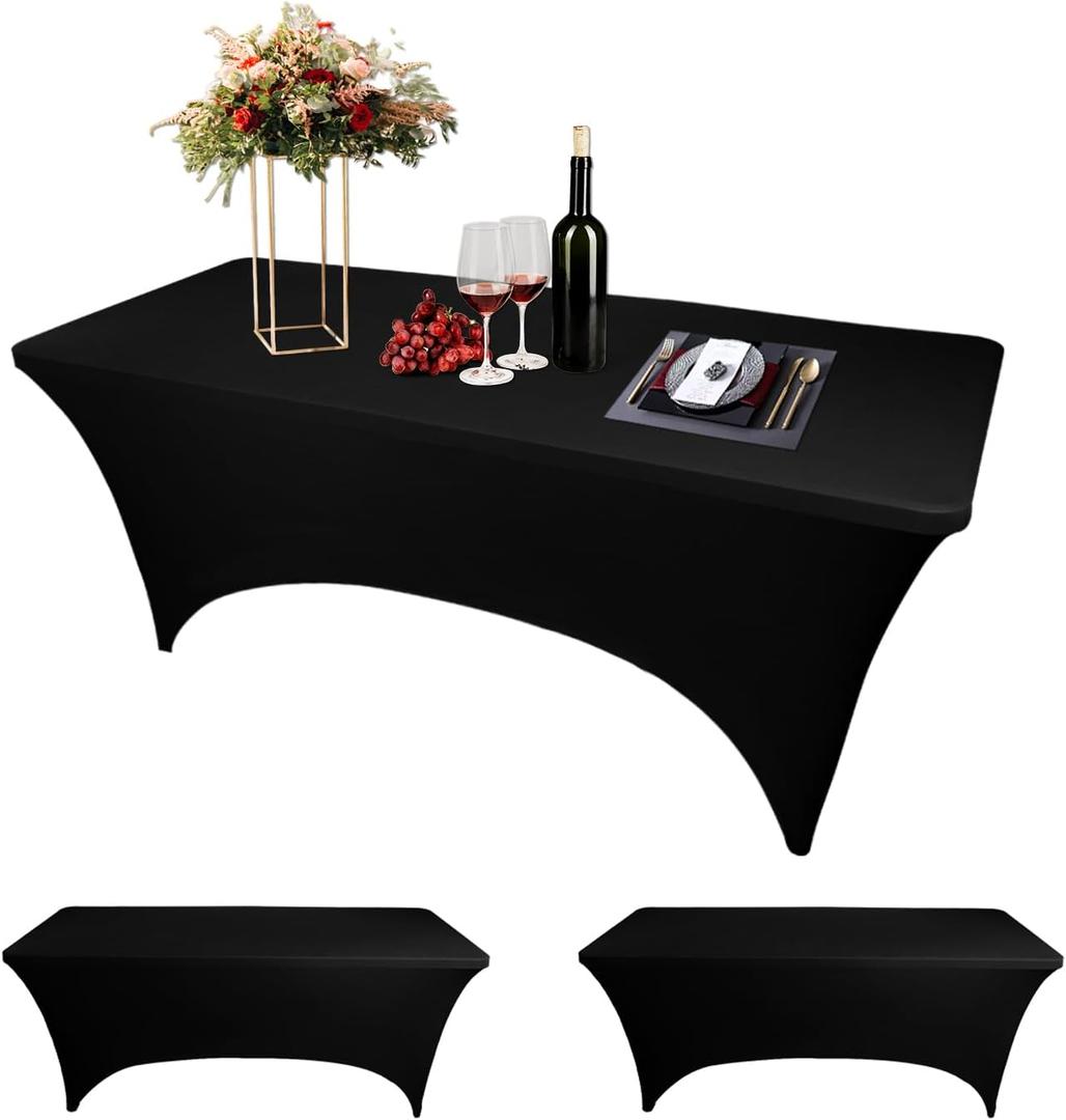 SSYAQRA 2Pack Black 10FT Spandex Tablecloth Stretch Table Cover for Standard Folding Tables,Spandex Fitted Table Clothes for 10 Foot Rectangle Tables, Elastic Table Cover for Chritmas