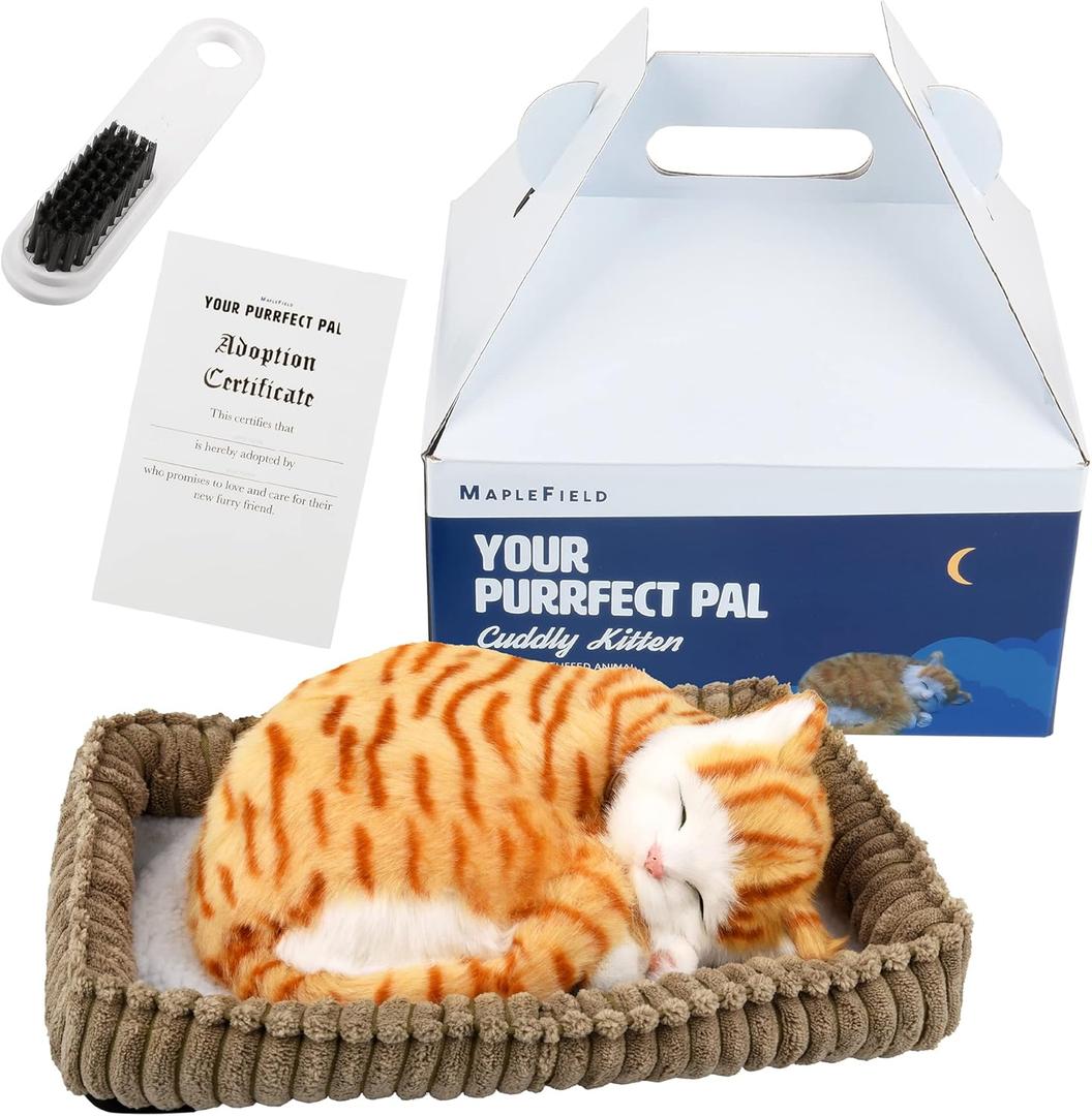 Maplefield Cat Stuffed Animal Doll - Realistic Breathing Cat Toy - Soft Synthetic Fur & Purring Stuffed Toy - Soothing Life-Like Kitten Plush - Tabby Kitten, Pack of 1