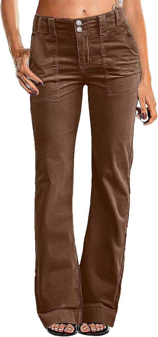 Flamingals Women's Wide Leg Pants for Women Mid Waist Dress Flare Straight Leg Corduroy Pants Work 31" Inseam Trouser (Brown, XL)