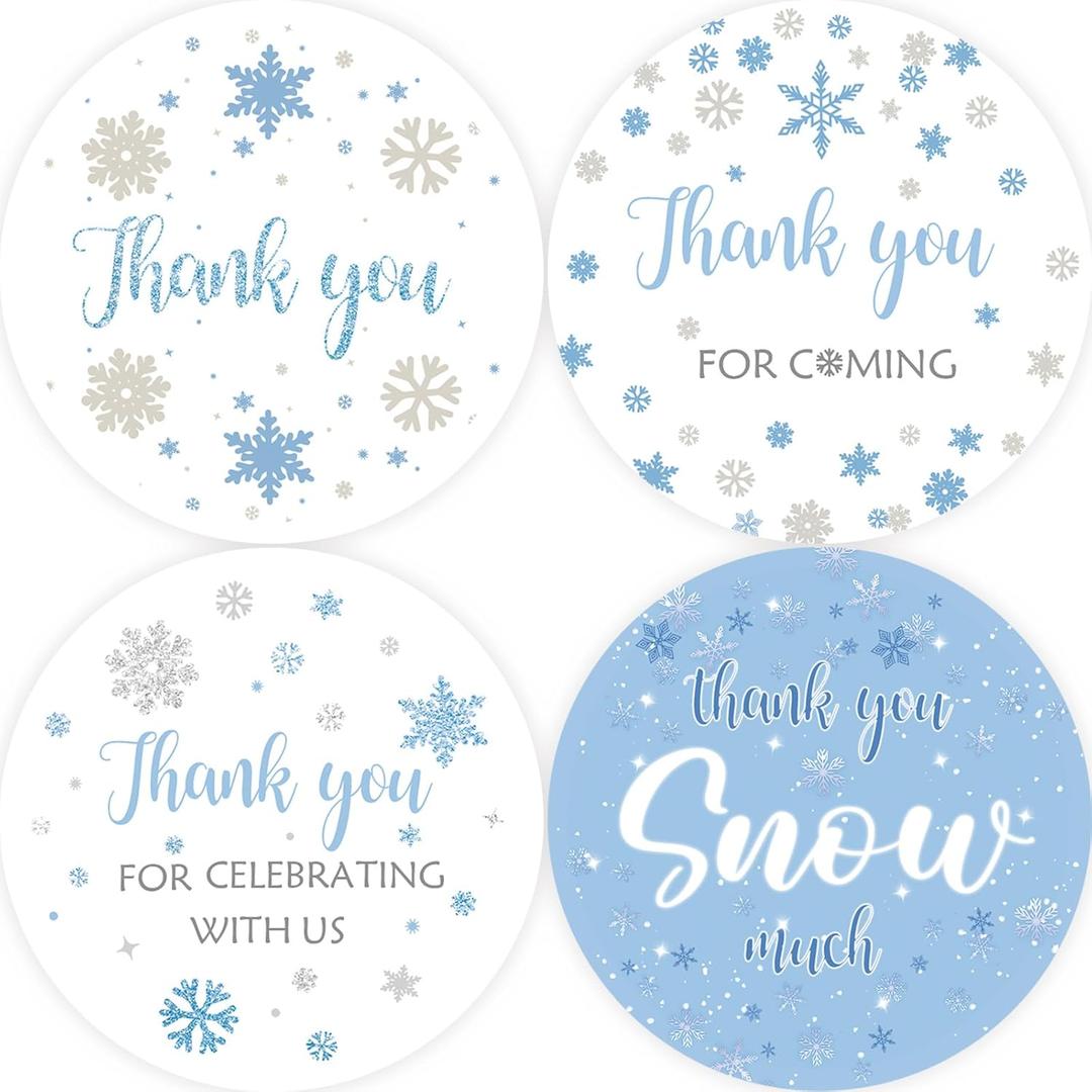 80pcs Snowflake Thank You Stickers, Thank You Snow Much Round Stickers, Blue Frozen Snowflake Round Labels for Winter/Wedding Party Favors