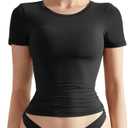 SUUKSESS Women Double Lined Fitted Basic Tee Crew Neck Short Sleeve Y2K Crop Top (Small, Jet Black)