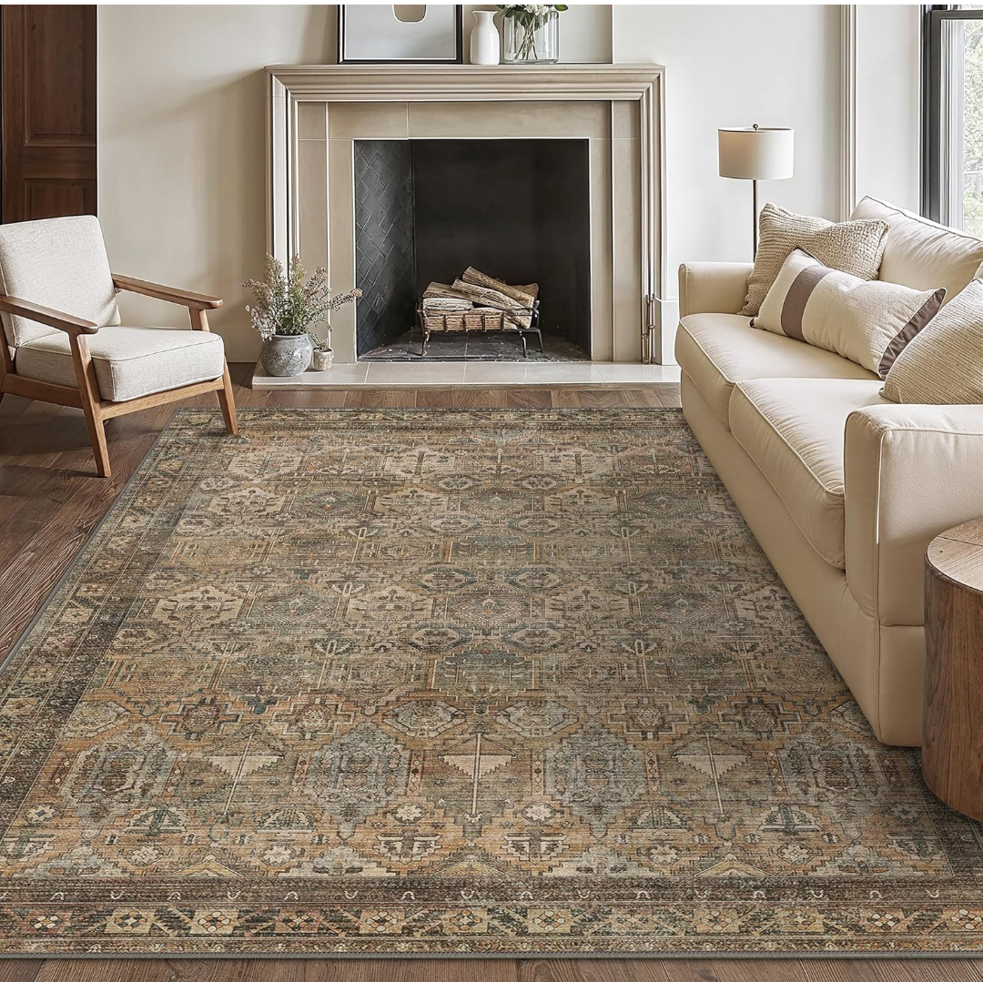 2 Bavni Washable Rug 8x10 Area Rug for Living Room Bedroom Dining, Washable Vintage Print Carpet, Ultra-Thin Chenille Low Pile Lightweight Rug with Non Slip Backing, Warm Taupe