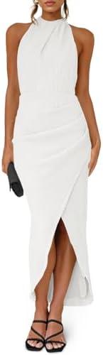 Fisoew Womens Halter Neck Party Dress Sleeveless Slit Textured Backless Sim Fit Ruched Sexy Midi Cocktail Dresses M/L
