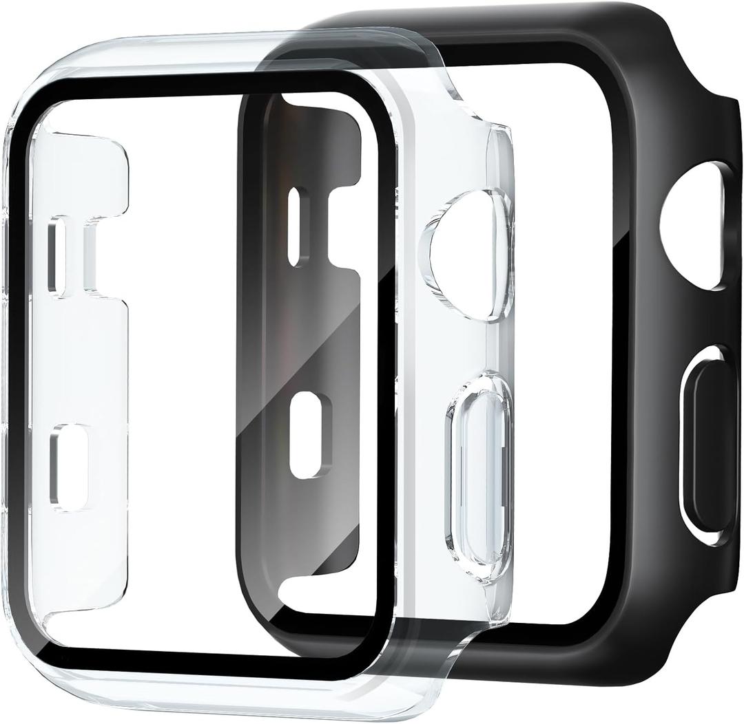 2 Pack Case for Apple Watch Screen Protector, Hard PC Case with Tempered Glass Protective Cover Guard Bumper, Slim Apple Watch Cover for iWatch Series 3 2 1 - Black/Clear 38mm