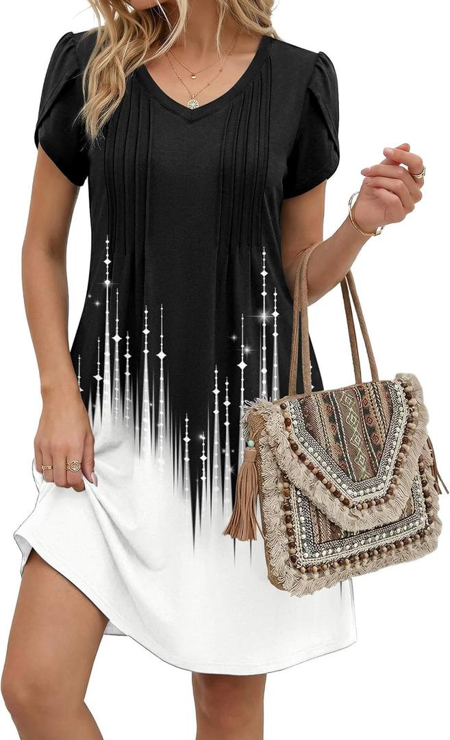 Zeagoo Summer Dresses for Women Casual A Line Dress 2026 V Neck Short Dresses Floral Sundress Pleated Boho Dress (Medium)