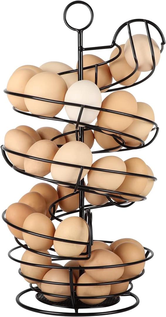 QUTREY Black Metal Egg Holder Countertop, Fresh Egg Skelter, Spiral Design Egg Dispenser Rack with Storage Basket for Display Easter Eggs (2 rails for med egg)