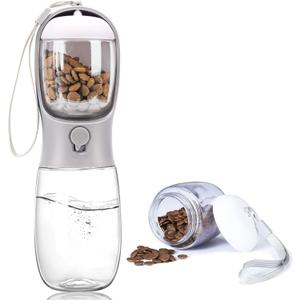 Dog Water Bottle with Food Container, Portable Leak Proof Pet Water Dispenser for Walking Hiking Travel, Puppy Essentials Accessories for Small Large Dogs, Dog Gifts (10oz/15oz/19oz) (Grey)