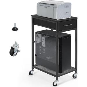 YBING PC Stand 2 Tier Computer Tower Stand with Drawer Mobile Computer Cart with Storage Metal CPU Holder on Wheels Pc Tower Stand Black Rolling Computer Tower Stand Floor for Office