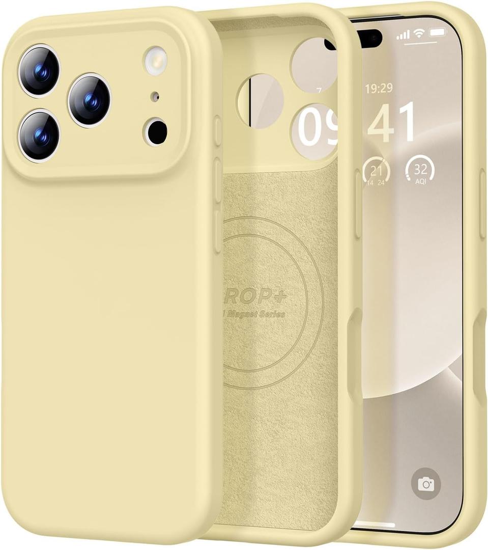 Vooii Magnetic for iPhone 17 Pro Case, Compatible with Magsafe (Premium Liquid Silicone) (Full Camera Control Button) Full Body Protective Anti-Scratch Microfiber Lining 6.3", Creamy Yellow