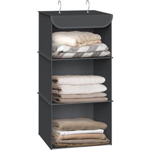 Simple Houseware 3-Shelf Hanging Closet Organizer, Fabric Storage Shelves with 57L Capacity, Dark Gray
