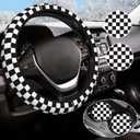 Black and White Checkered Steering Wheel Cover Rubber Anti-Slip 14.5-15 Inch Universal Steering Wheel Cover with 2 Pieces Car Coasters Suitable for Men Women (one size)