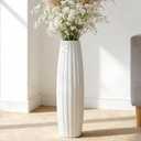 White Tall Ceramic Floor Vase, 28 Inch, Ribbed Drum Design