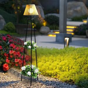 Outdoor Solar Floor Lamp, 46.8'' Solar Lights Outdoor Waterproof with Plant Stand, Dusk to Dawn, Warm Yellow Light, Black Metal Stand for Deck Porch Patio Garden Decor