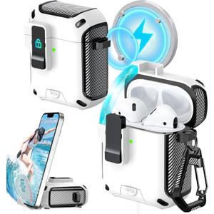 RFUNGUANGO for Airpods 2nd and 1st Generation Cases, Compatible with MagSafe, Drop Protection Case with Stand Function with Cleaning Tool, Full Body Shockproof Hard Case -A-Black+White