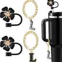 2 x Straw Covers for Stanley Cup Accessories: Black Decorations for Stanley 30 oz & 40 oz Tumbler with Handle, Bling Letter Charms and Flower Silicone Straw Cap Topper, Trendy Stuff for Teen Girls & Women