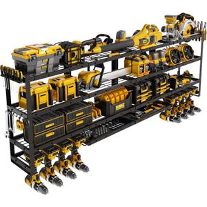 XLarge 64''W Power Tool Organizer Wall Mount | Modular&Corner-Fit 820lbs Garage Storage Rack with 8 Cordless Drill Holder | 4-Tier Heavy Duty Utility Shelf for Battery Workshop Organization