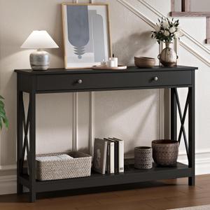 Treocho 47" Farmhouse Console Table with Drawer and Storage Shelves, Foyer Sofa Table Narrow for Entryway, Living Room, Hallway, Black, 47"w*11.82"d*30.92" H