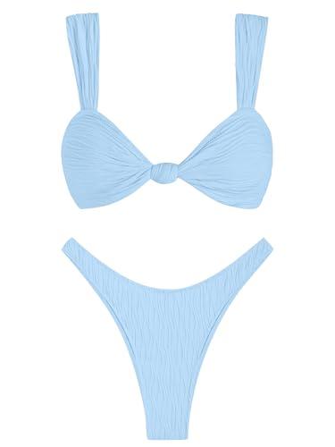 ZAFUL 2025 Cheeky Bikini Sets for Women High Cut Swimsuit Textured Ribbed Bikini Thong Bathing Suit Sky Blue S