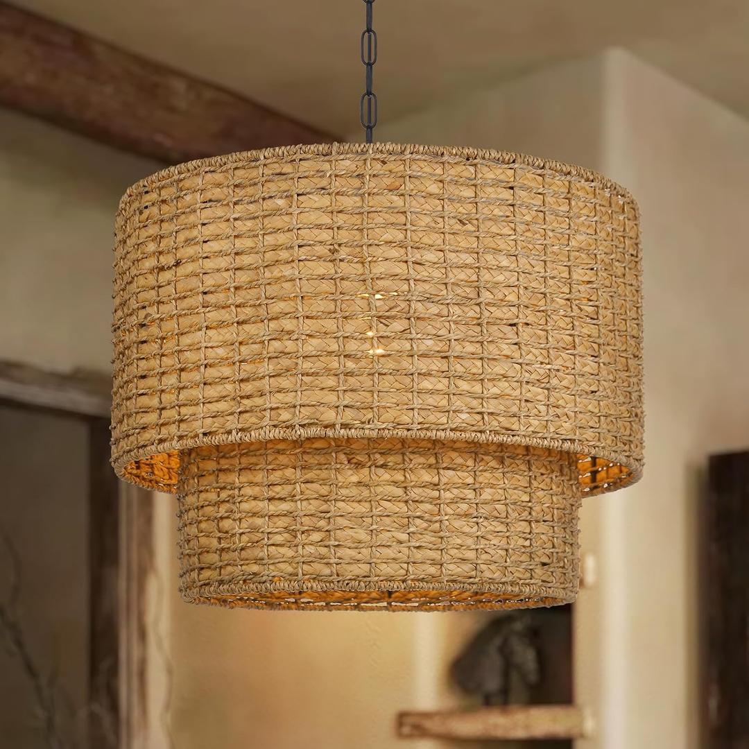 Arturesthome Large Rattan Chandelier Natural Woven Double Drum Pendant Light Vintage Ceiling Hanging Light Fixture for Kitchen Island Bedroom Hallway 23.62", 23.6in * 18in