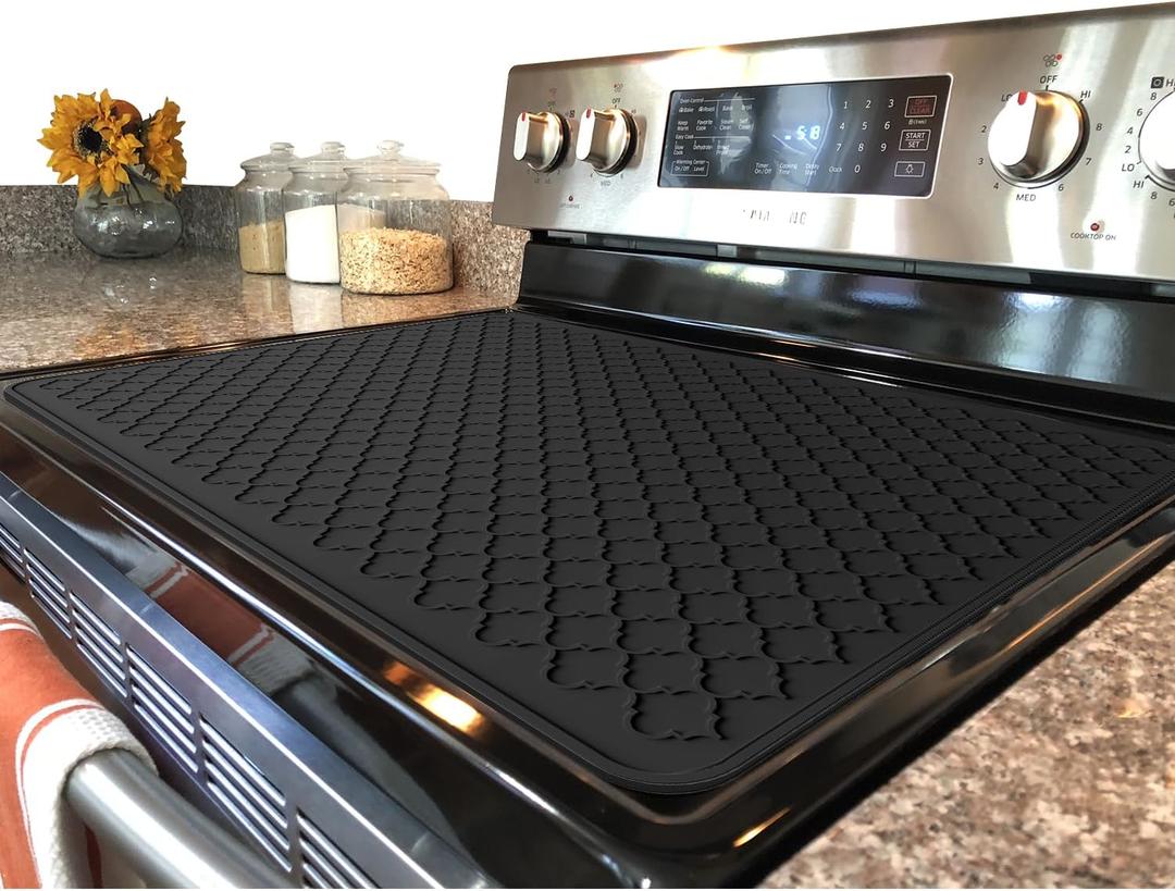 Silicone Stove Mat for Glass Top - XL Dish Drying Mats, Glass Cooktop Protector, Range Covers for Electric Stove (Black Grid,28x20)