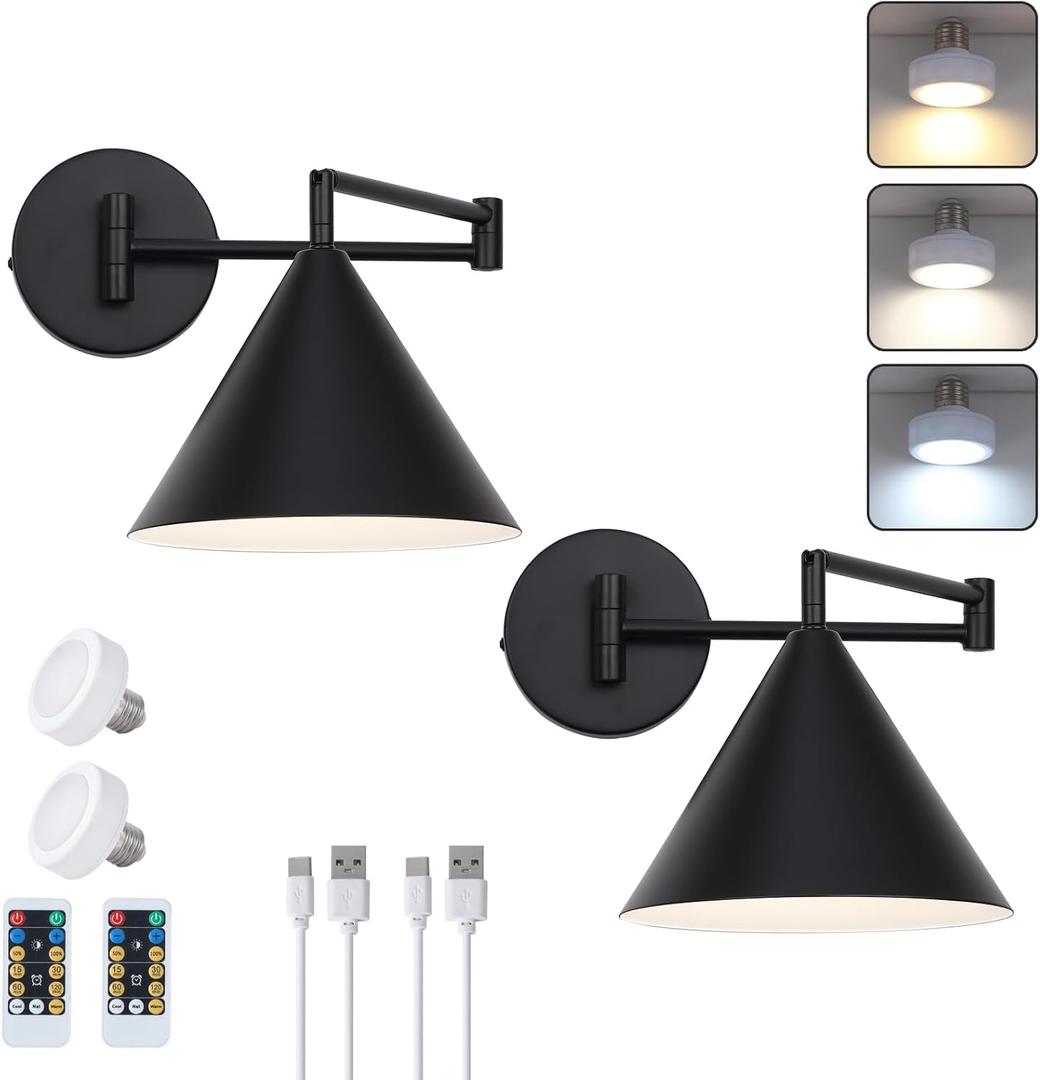 Black Swing Arm Battery Operated Wall Sconces Set of 2,Rechargeable Wireless Dimmable 3 Color Wall Light with Remote,Cone Indoor Light Fixture for Bedside,Kitchen,Hallway,Living Room,Reading