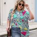 Plus Size 80s 90s Outfits for Women 90s Theme Party Disco Shirt 80s Hawaiian T-Shirt Retro Neon Button Down Blouse Tops (XXL)