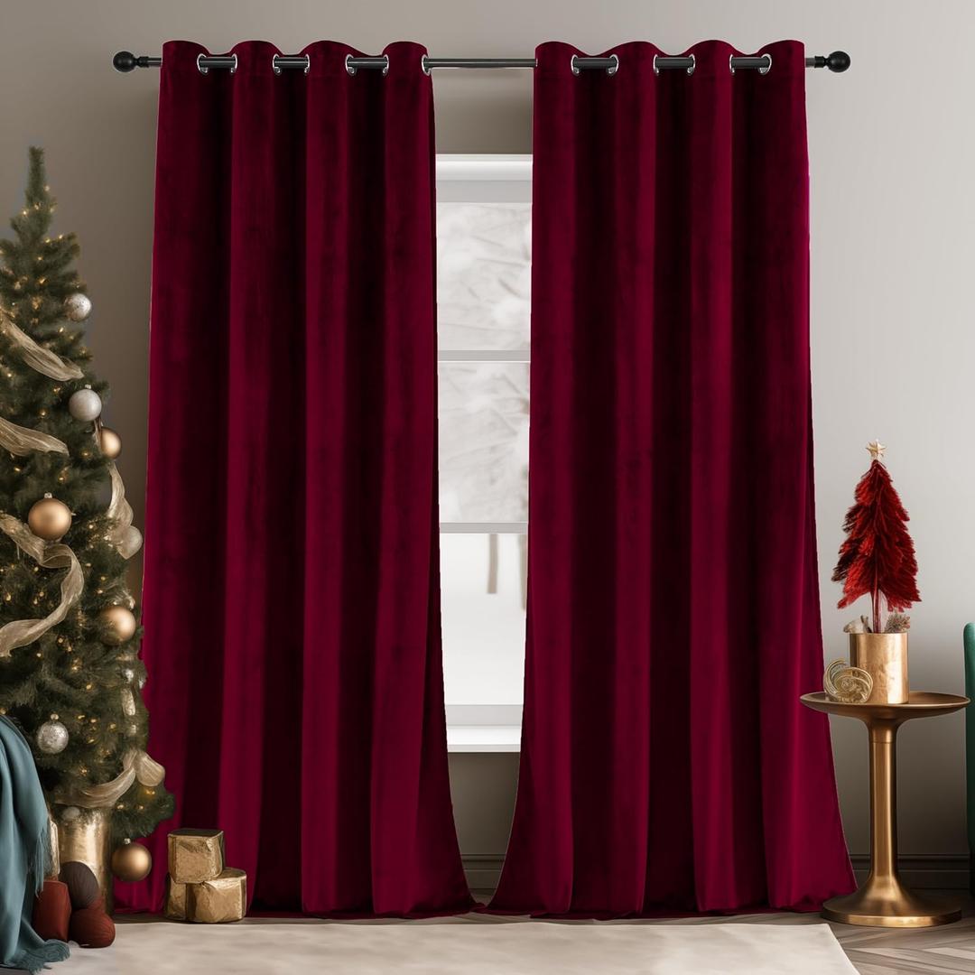 SMILETIME Burgundy 90in Long Velvet Curtains with Grommet, Thermal Insulated Super Soft Privacy Noise Reducing Light Filtering Velvet Curtains for Living Room, 2 Panels, Each 52 x 90inches Long