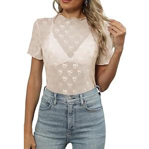 ZOOMOON Womens Lace Mesh Blouse Short Sleeve Sheer Top Summer Mock Neck Shirt Beige, Large