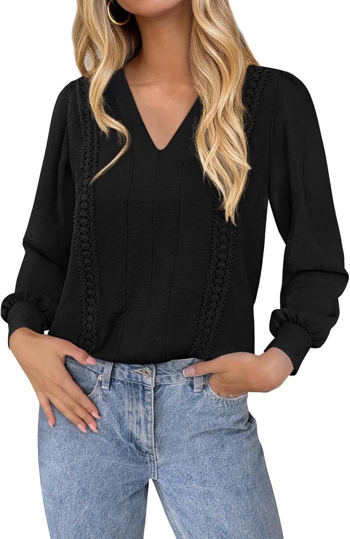 Dowerme Womens Tops 2026 Spring V Neck T-Shirts Long Sleeve Shirts Lace Crochet Work Blouses Dressy Casual Loose Tunics (Black, XL)