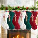 Personalized Christmas Stockings - 18 Large Knitted Xmas Stocking with DIY Snowman Wooden Name Tag, 6 Pack Hanging Family Stockings for Kids Mantels Christmas Holiday Decor, Red Green White