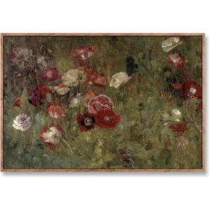 Vintage Poppy Floral Framed Canvas Wall Art, Classical Botanical Oil Painting Style Still Life Print, Natural Wood Frame Retro Farmhouse Wall Decor for Bedroom Office Living Room,24L x 16W