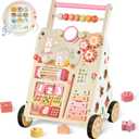 Baby Push Walker, Wooden Baby Walker with Wheels, Montessori Activity Center for 1 2 3 Years Old Boys Girls, Adjustable Speed & Height Push Toy for Toddler Learning to Walk, Kids Development Gift (Pink)