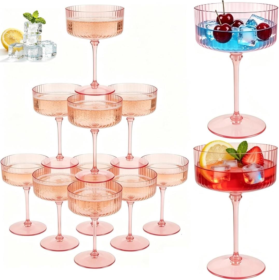 PLULON 12 Pcs Pink Champagne Martini Glasses Set 10 Oz Plastic Ribbed Coupe Cup, Cocktail Glasses Champagne Cup Tower Vintage Margarita Glassware for Clubs Gifts Wedding Bachelor Party Outdoor Events