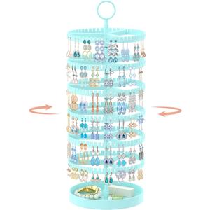 iDavosic.ly 6 Tier Rotating Earring Holder Organizer with Metal Tray, Adjustable Plastic Dangle Display Stands Tree with 342 Grooves, Large Hoop Storage Rack Tower, Blue