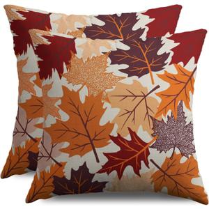 Fall Pillow Covers 18X18 Set of 2, Maple Leaf Autumn Colored Burnt Orange Leaves Harvest Thanksgiving Throw Pillowcases Holiday Theme Seasonal Outdoor Farmhouse Cushion Cases Couch Sofa Bed Decor