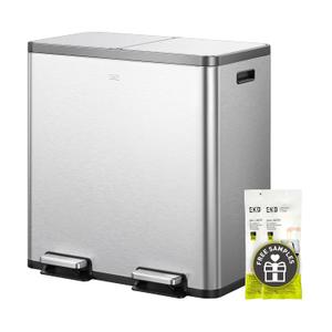 EKO EcoCasa Plus 2 x 10.6 Gal Dual Recycling Trash Can for Kitchen, Large Stainless Steel Step-On Garbage Can with Soft-Close Lids, Odor-Proof and Fingerprint-Resistant, Removable Buckets with Handles