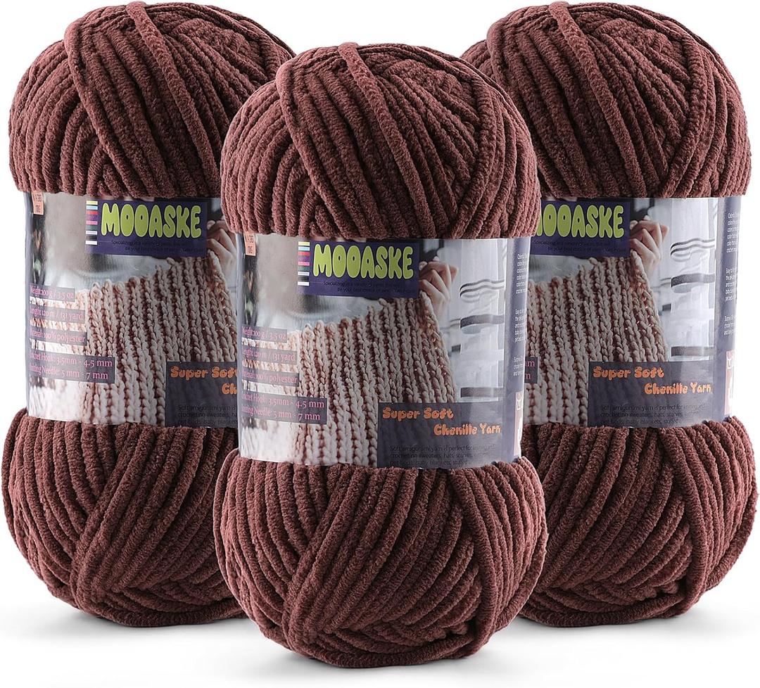 Baby Blanket Yarn for Crocheting - Soft Velvet Fluffy Chenille Yarn for Knitting Amigurumi Making Scarves, Doll - 100g/3.5oz 131 Yards Thick Plush Yarns (3, Dark Coffee Brown)