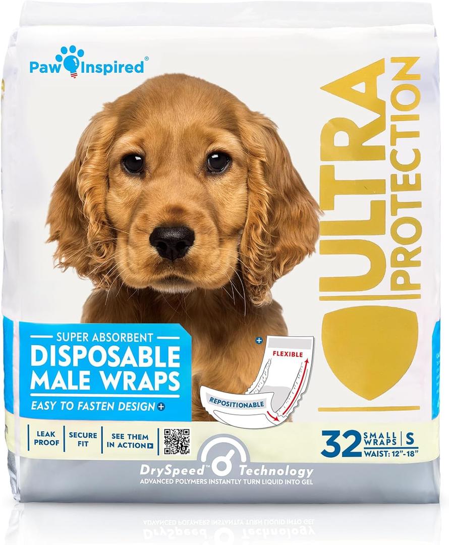 Paw Inspired Male Dog Wraps, Disposable Dog Diapers | Belly Bands for Small, Medium, Large Dogs (32 Count, Size Small)
