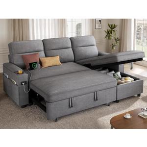 YITAHOME Sectional Sleeper Sofa with Pull Out Couch Bed, 81" Convertible Sleeper Sofa with Adjustable Backrest, Sofa Bed Sleeper Couch with Armrest & USB Port, Grey