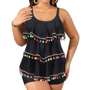 Yonique Women's Plus Size Tankini Swimsuits with Shorts Two Piece Bathing Suits Ruffle Swimsuits Tummy Control Swimwear Black Tassel 18W