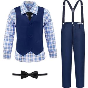 Boys' Suit Kids Formal Tuxedo Suits for Boys Wedding Outfits Dress Vest Pants Suspenders Set Adjustable Waist (Blue, 12Y)