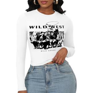 LovelyWholesale Women Graphic Long Sleeve Shirts Cute Going Out Fitted Crop Tops (Large, White Ww)