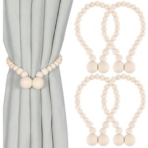 KLOGTSIND Magnetic Curtain Tiebacks, Curtain Tie Backs for Curtains 4 Pack, Wood Bead Curtain Tiebacks, Curtain Holders for Boho Bedroom Decor, Baby Nursery Decor, Farmhouse Decor