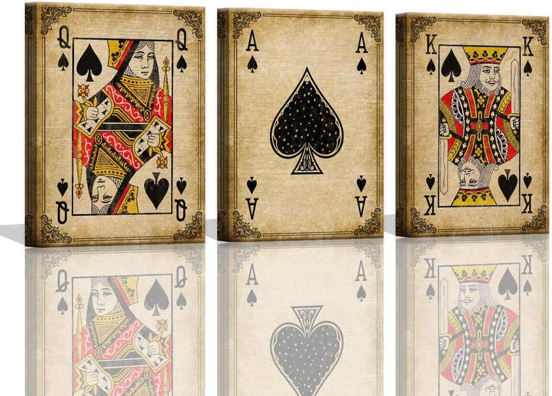 Game Room Decor Poker Ace of Spades Cool Canvas Wall Art for Man Cave Decor Fire Poker Bar Wall Pictures Vintage Game Room Accessories and Decor Masculine Wall Decor 3 Pieces Canvas Art Set Framed (Brown)