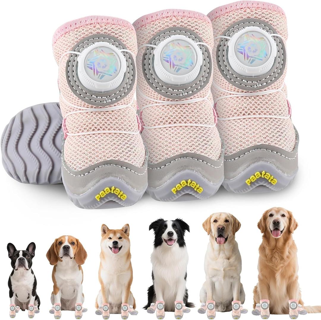 Dog Shoes for Large Small Medium Dogs Knob Breathable Dog Boots & Paw Protectors Non-Slip Dog Shoes for Hot Pavement,Rain,Snowy Day Indoor Outdoor 4pcs (Pink, 4)