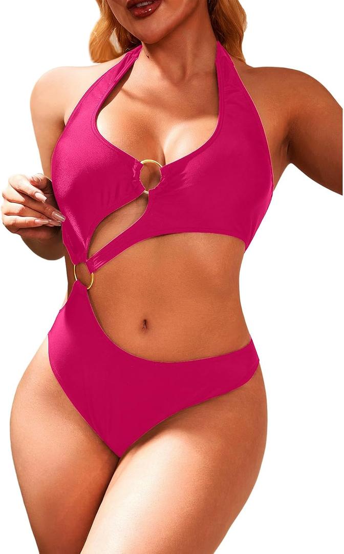 Women One Piece Swimsuit Slimming Cutout Fashoin Swimwear Metal Ring Bathing Suit Female Beachwear (Medium, Rose Red)