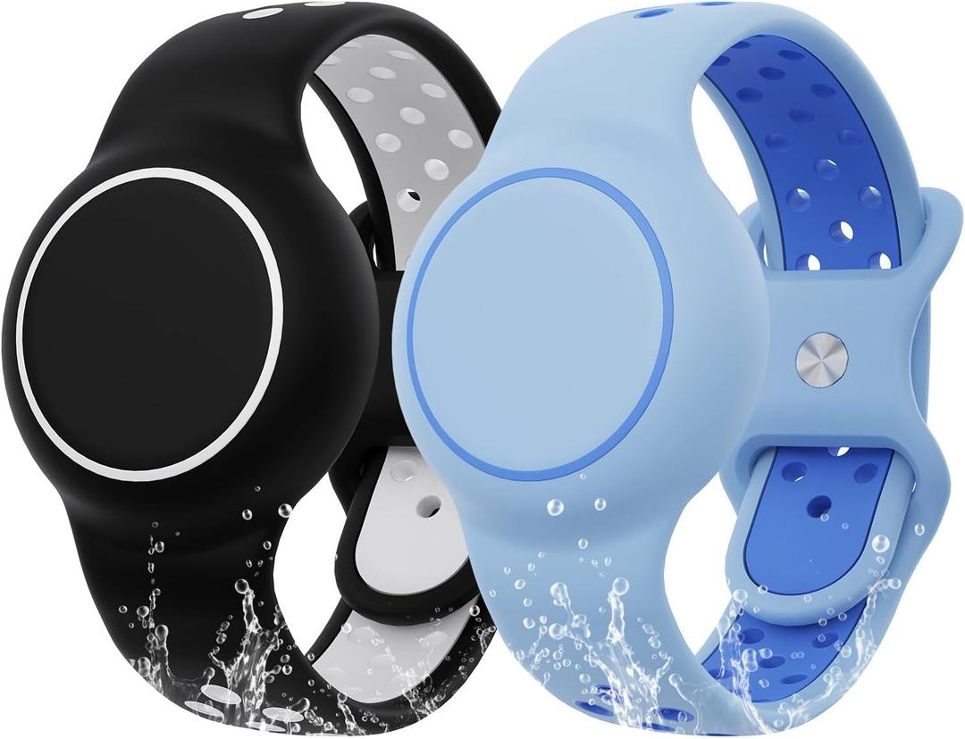 Waterproof Bracelet Compatible with AirTag for Kids (2 Pack), Protective Case GPS Tracker Holder for Child with Full Coverage Hidden Design, Soft Silicone Anti-Lost Wristband Cover for Toddler BWBB (Black White+Light Blue)