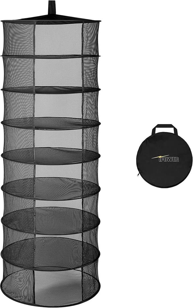 iPower Herb Drying Rack 8-Layer 2-Feet Black Mesh Hanging Net Dryer Collapsible with Opendoor, Pothook and Storage Pouch, for Hydroponics Flowers, Buds, Pack of 2