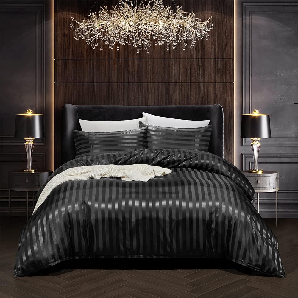 3 Piece Satin Duvet Cover Set Bedding Sets Italian Style 1800 Series Luxury Rich Silk Silky Super Soft Stripes Hidden Zipper Closure Reversible Wrinkle Free Honeymoon(Black, King)