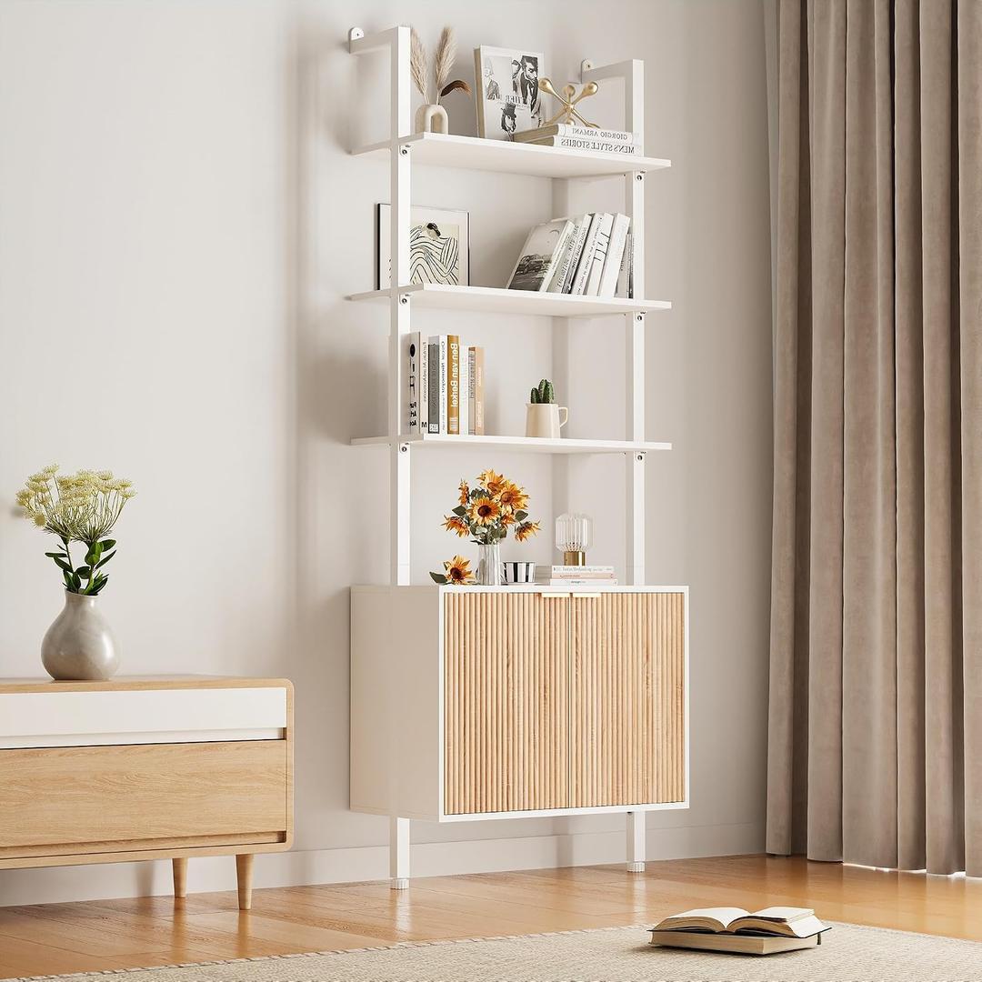 INNOD 74" Tall Bookshelf with Storage Cabinet, Modern Ladder Shelf with Wood and Metal Frame, Wall Mount Bookcase Open Display Shelf Furniture for Living Room, Bedroom, Home Office, White and Oak, 74" H x 23.6" W x 14" D